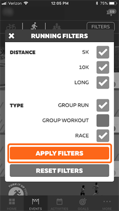 Seleccionar Aplicar filtros- Running Aplicar filtros en la ventana emergente de filtros para running